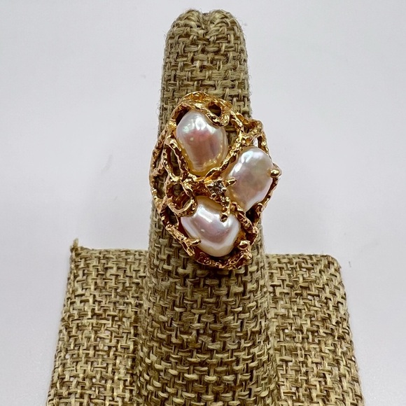 Vintage 14K Gold Baroque Pearl & Diamond Coral Style Ring – Size 4.75 - Picture 2 of 9